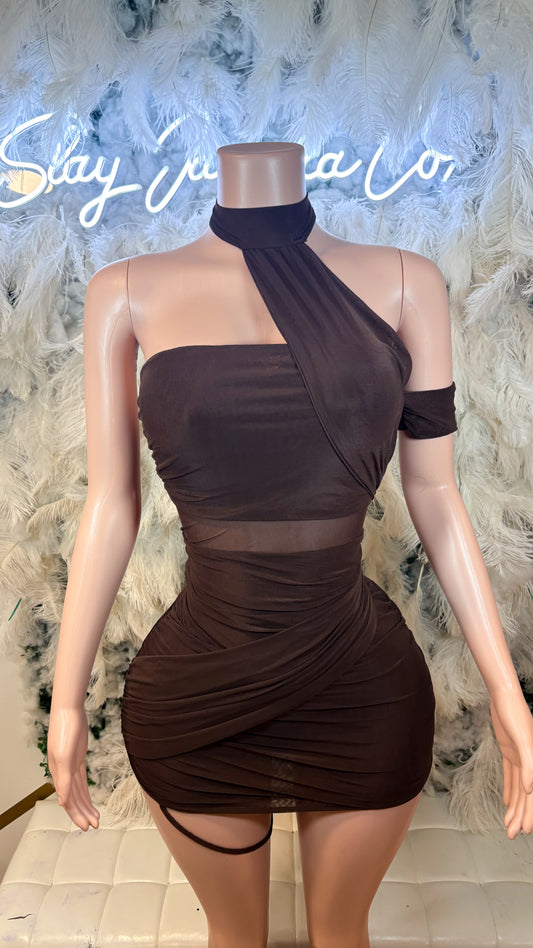 READY TO SHIP Miss Independent Ruched Mesh Mini Dress - Brown