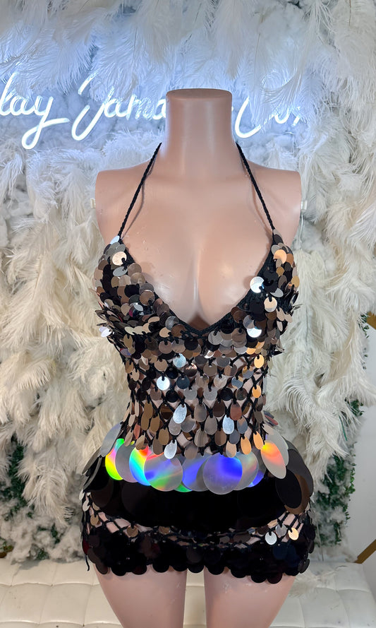 READY TO SHIP Bottles And Lights Knit Assorted Sequin Mini Dress - Black Silver Mix
