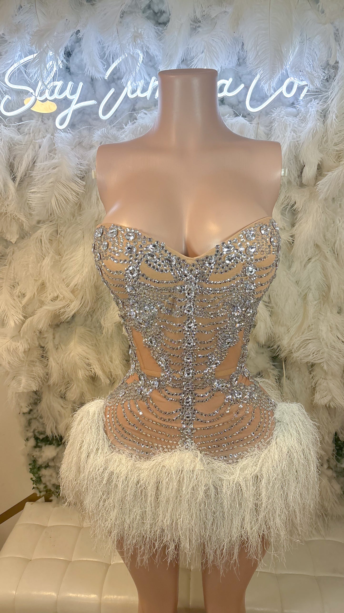 Jaw Dropper Feather Corset Rhinestone Mini Dress