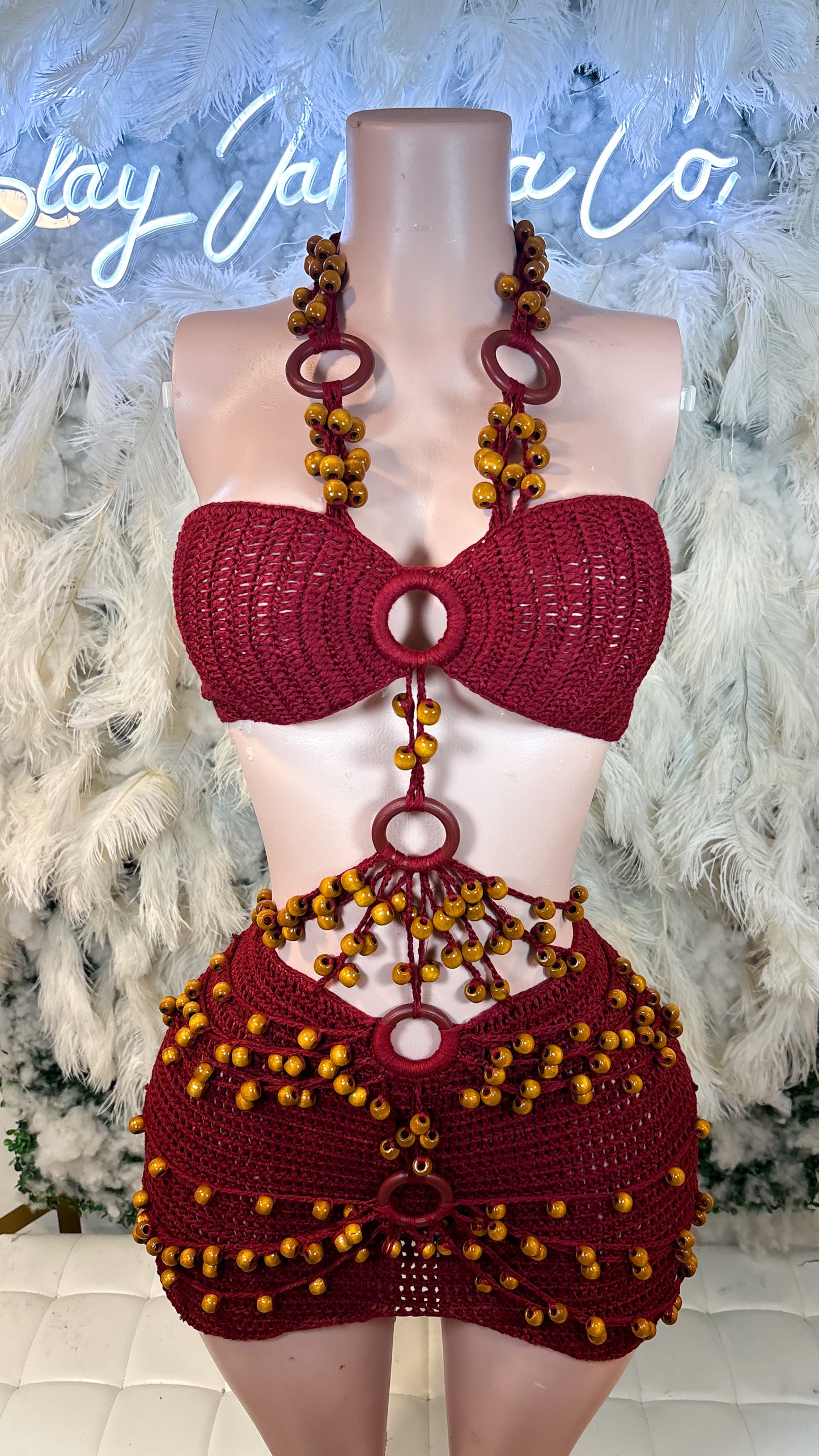 READY TO SHIP Bali Babe Beaded Knitted Mini Dress - Burgundy