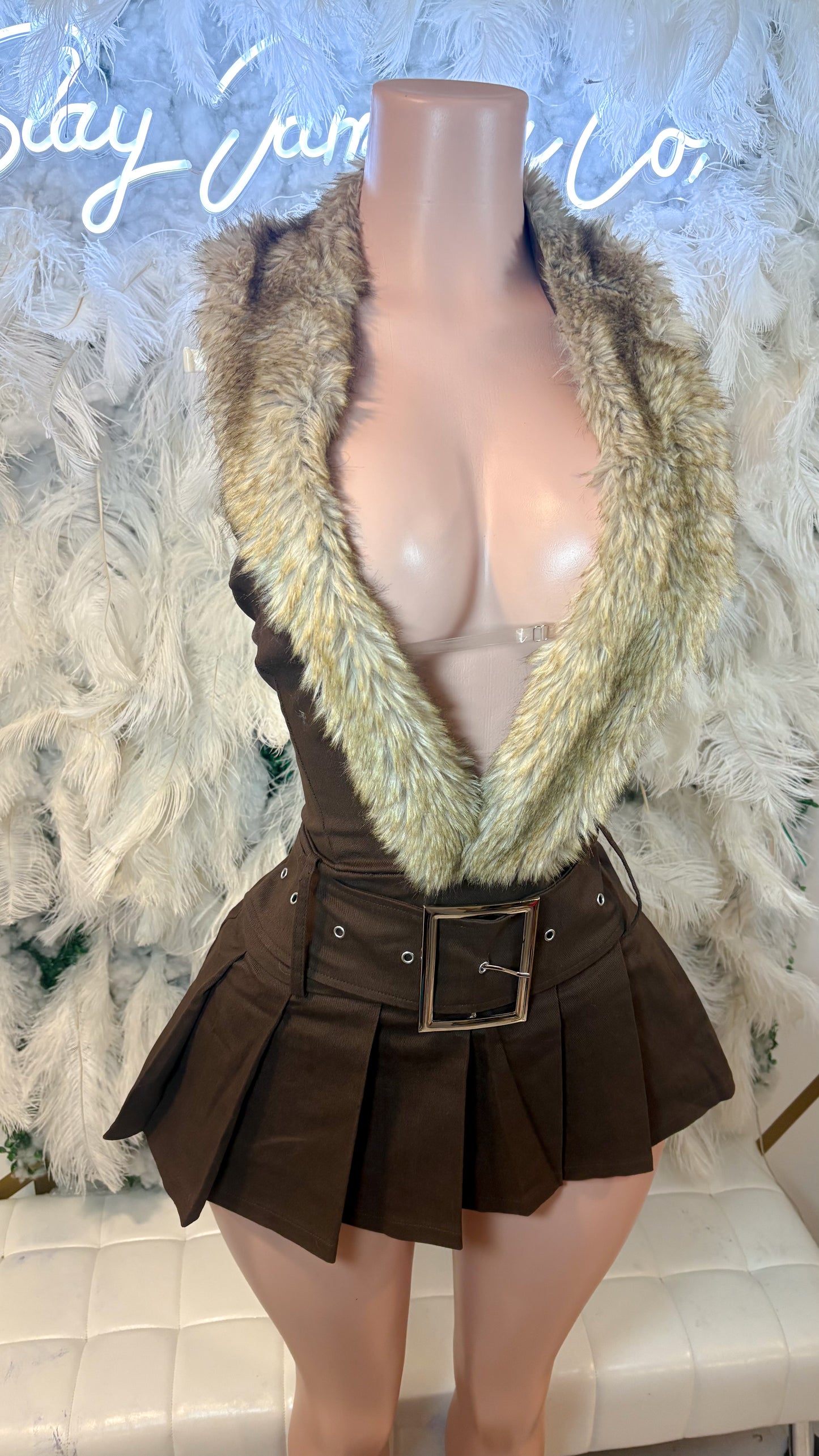 READY TO SHIP A Bad Bitch Never Gets Cold Fur Denim Dress - Dark Brown