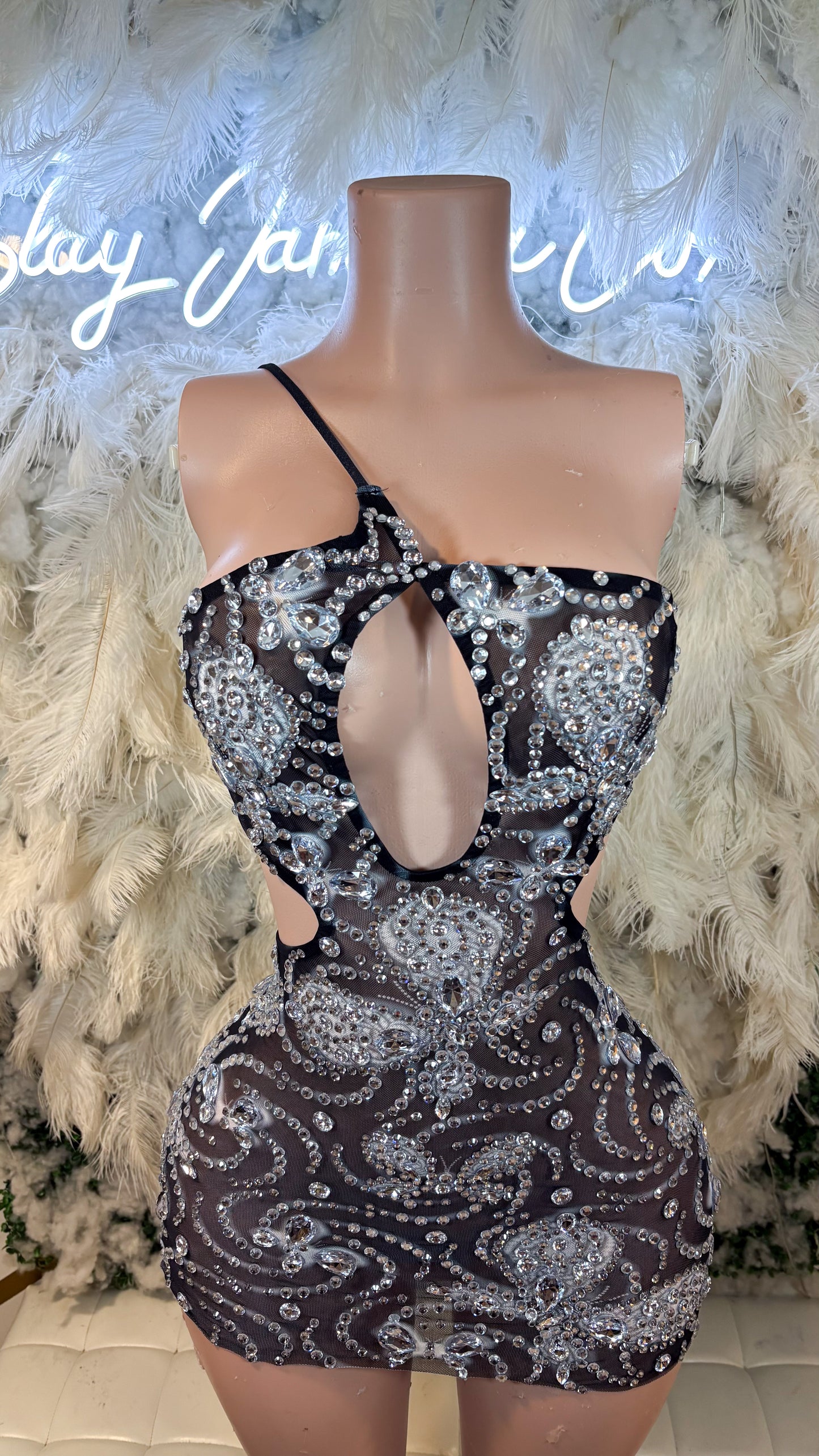 READY TO SHIP Black Swan Rhinestone Mini Dress