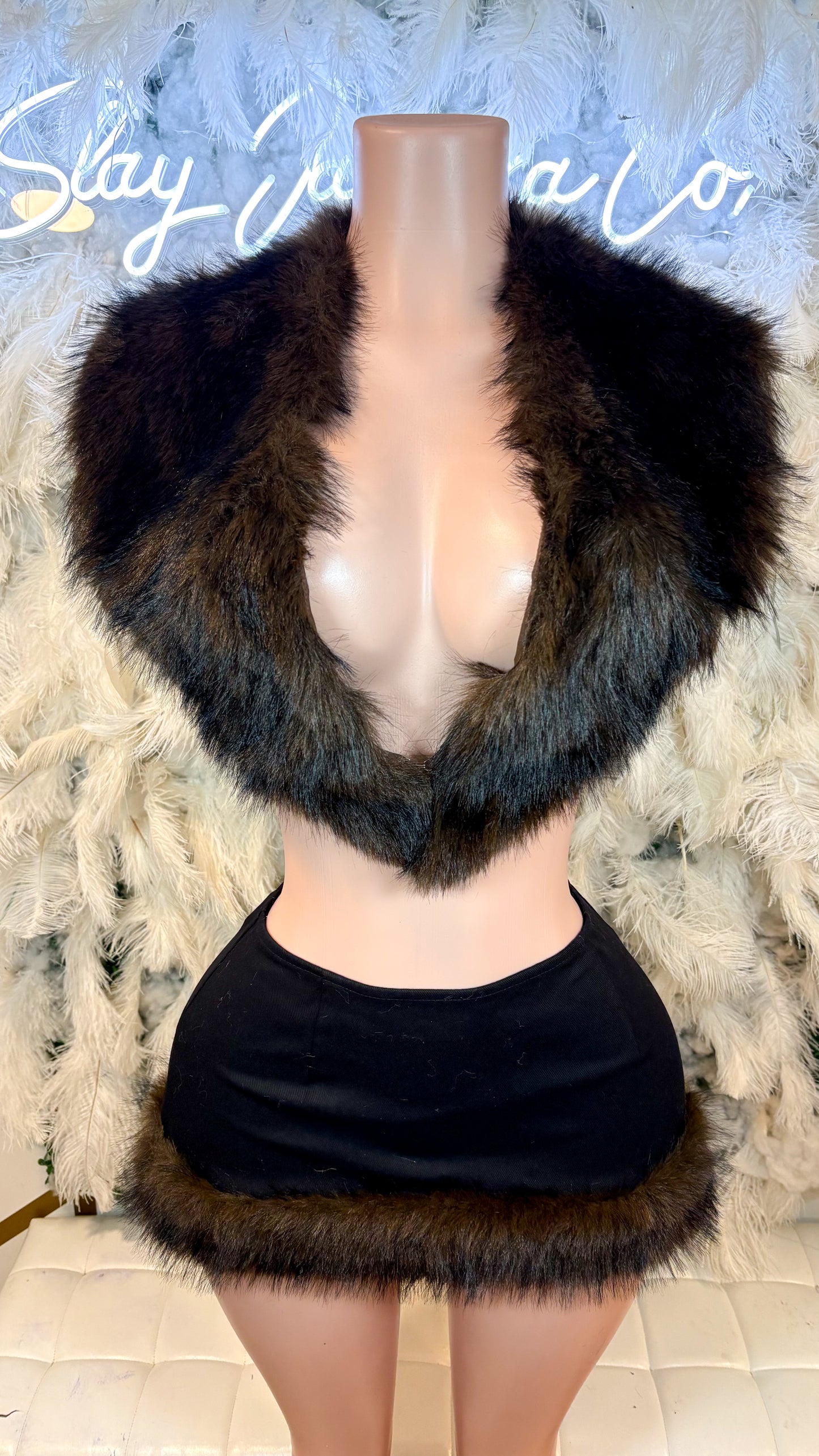 READY TO SHIP It’s  Giving Rich Vibes Fur Skirt Set -  Brown