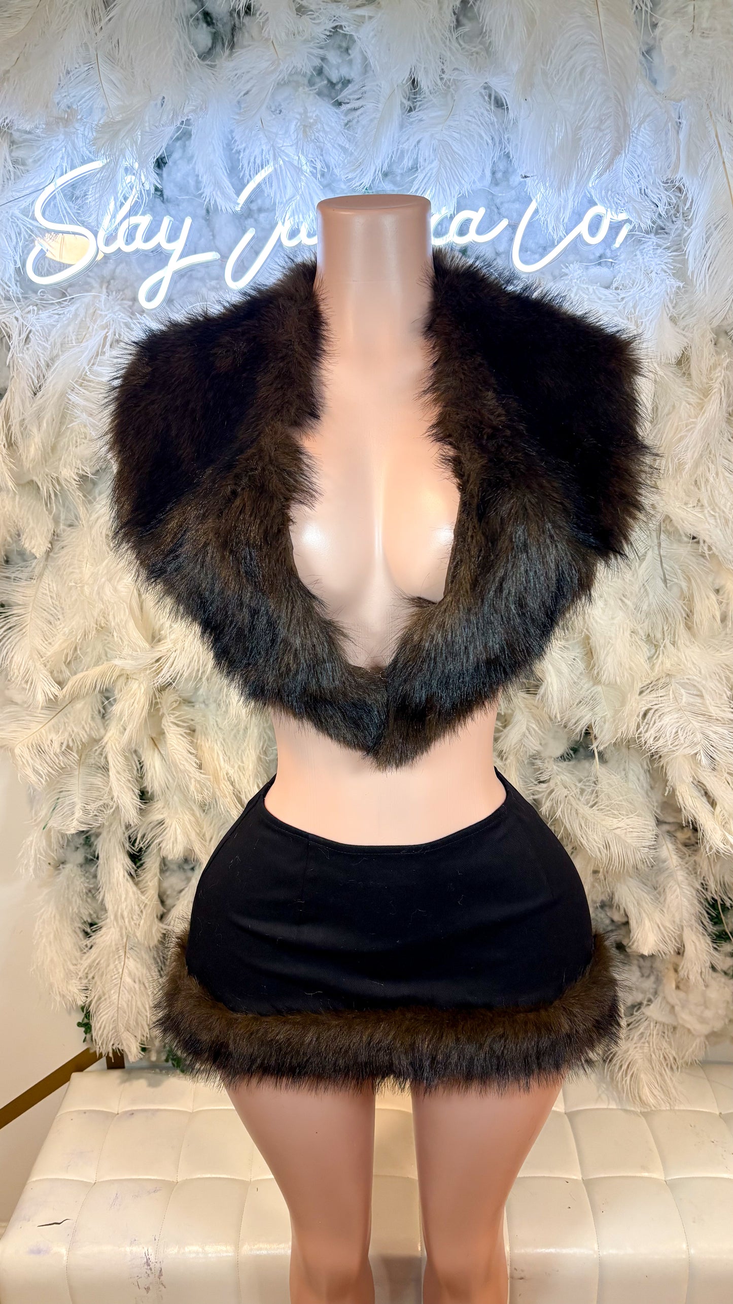 READY TO SHIP It’s  Giving Rich Vibes Fur Skirt Set -  Brown