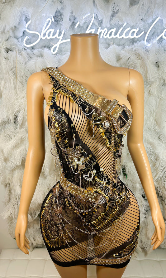 Risky Doll Gold Embellished Mesh Dress
