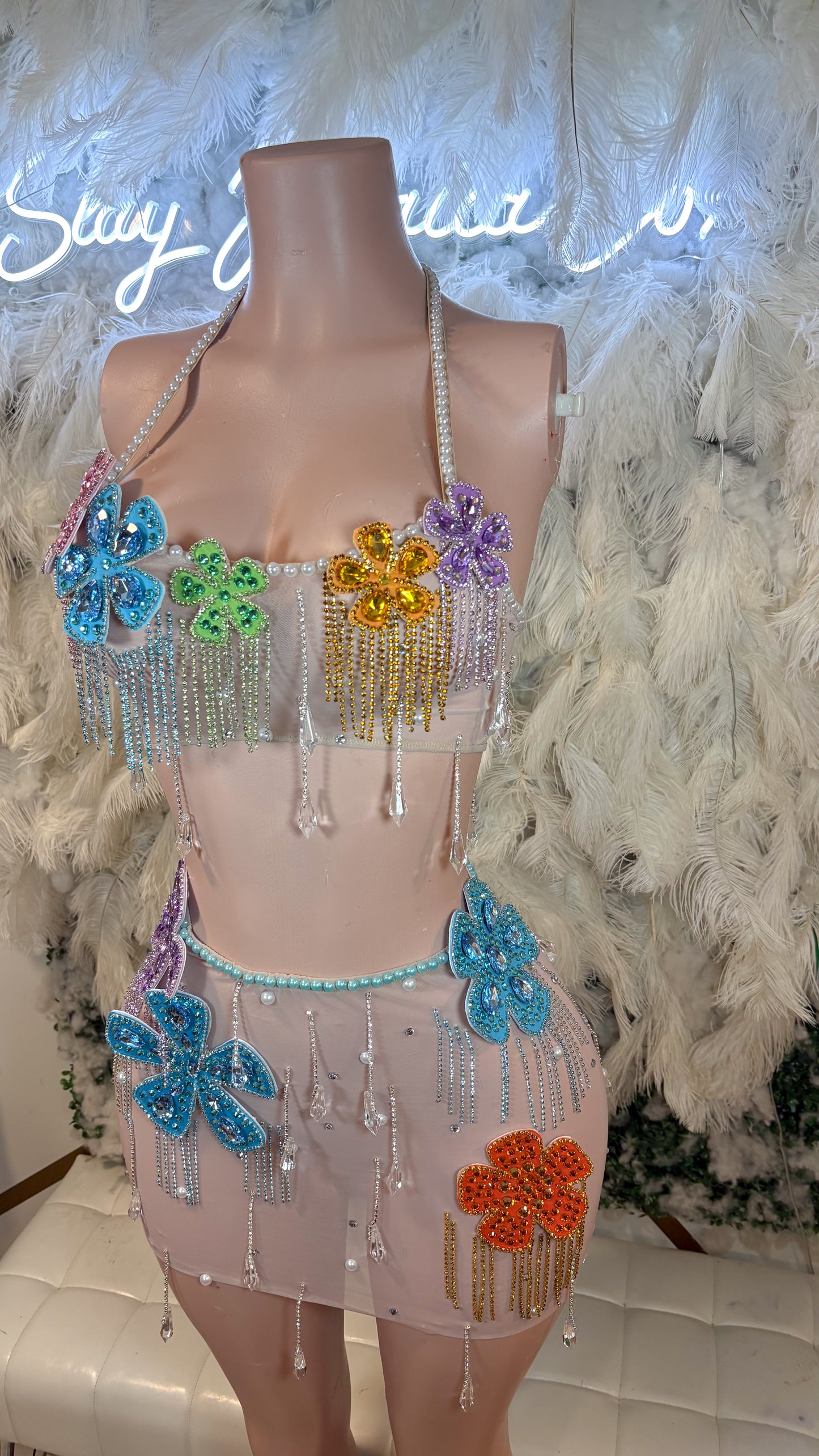 Shimmery Lights Mesh Rhinestone Skirt Set