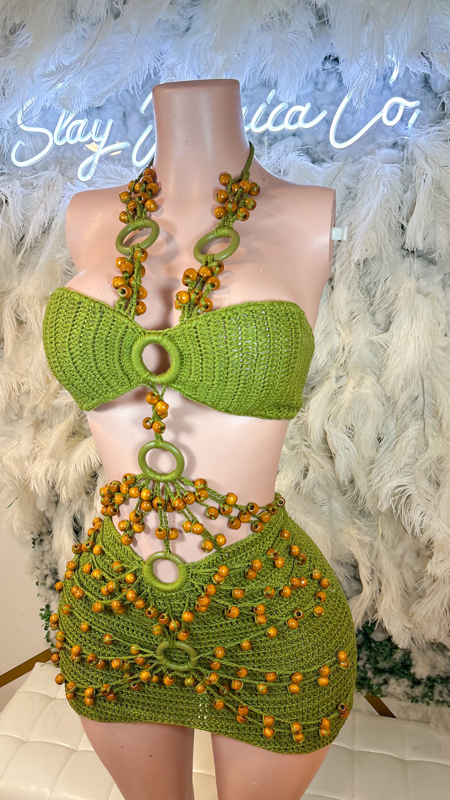 READY TO SHIP Bali Babe Beaded Knitted Mini Dress - Green