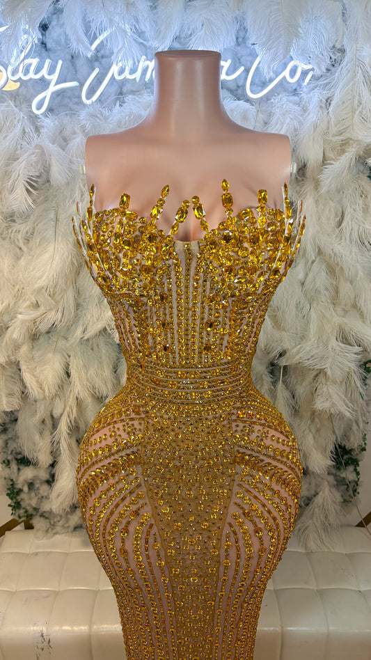 READY TO SHIP  Stunner Forever Rhinestone Maxi Dress -Gold