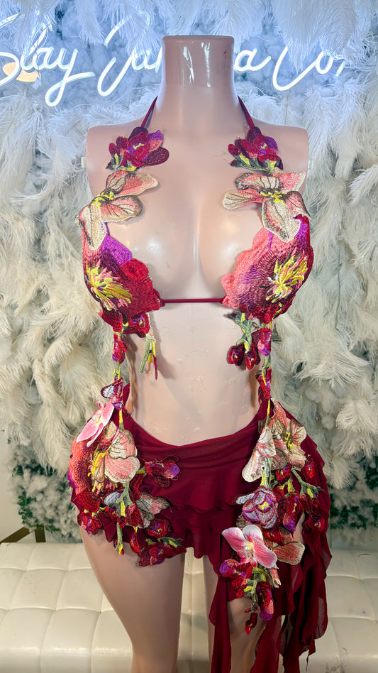 Hawaiian Mojito Sunrise Floral Skirt Set - Burgundy Combo