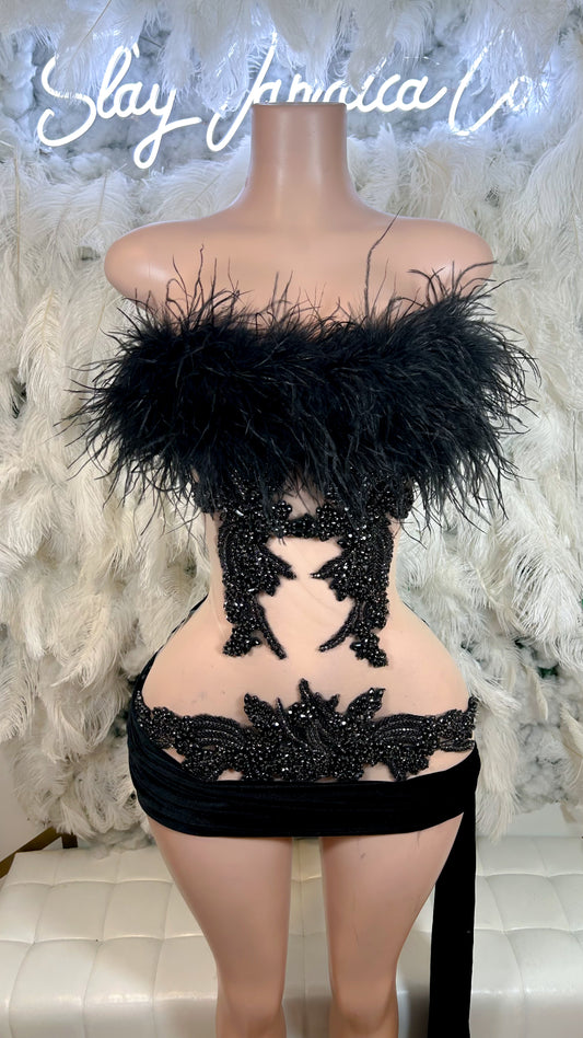 PREORDER ONLY Always On Top Feather Rhinestone Luxury Mini Dress