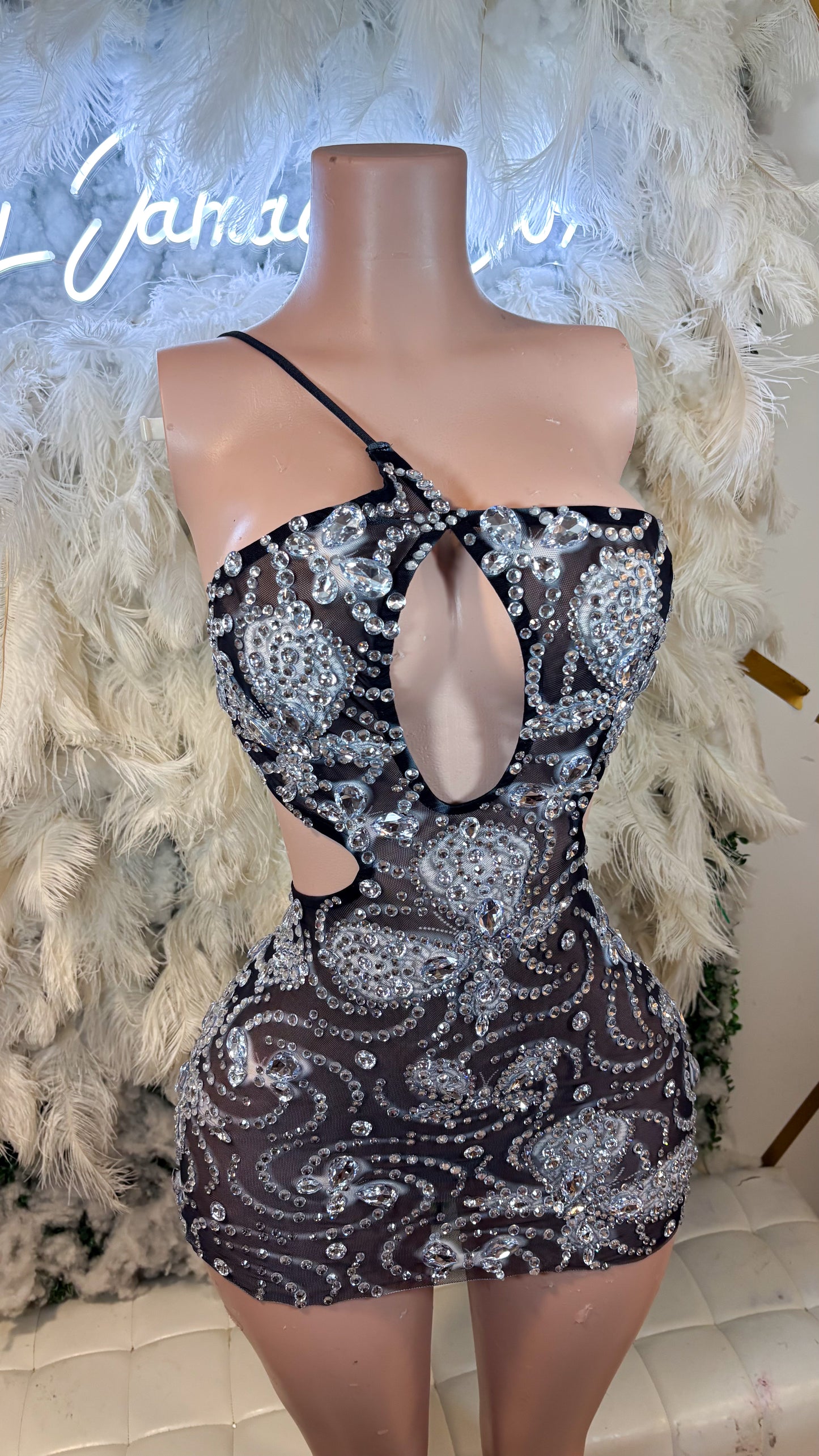 READY TO SHIP Black Swan Rhinestone Mini Dress