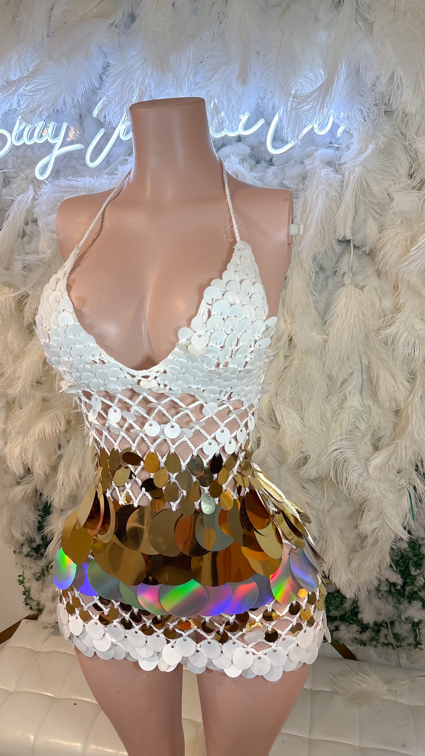 READY TO SHIP Bottles And Lights Knit Assorted Sequin Mini Dress - White Gold Mix