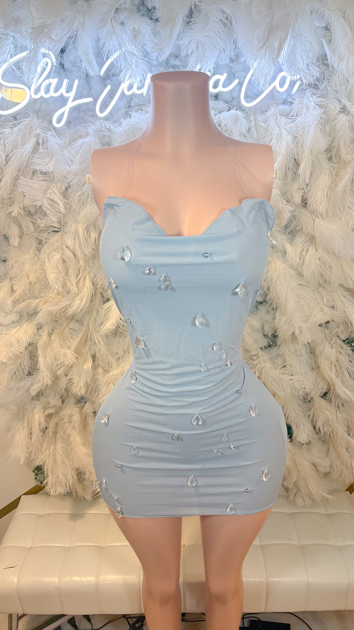 Crystal Teardrops Mesh Mini Backless Dress