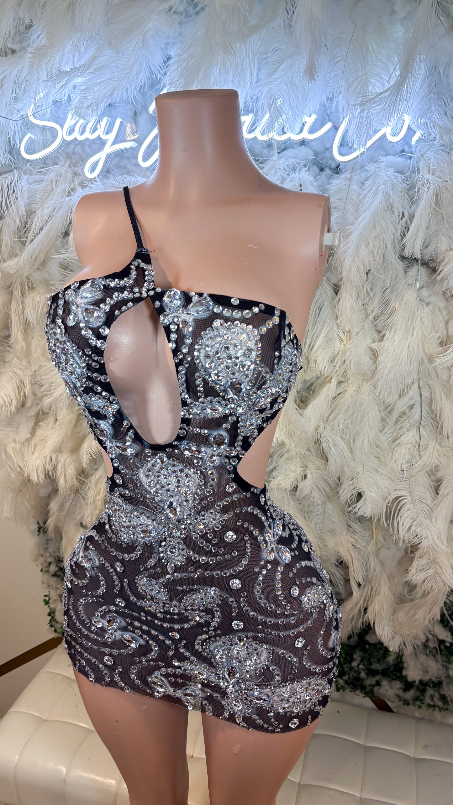 READY TO SHIP Black Swan Rhinestone Mini Dress