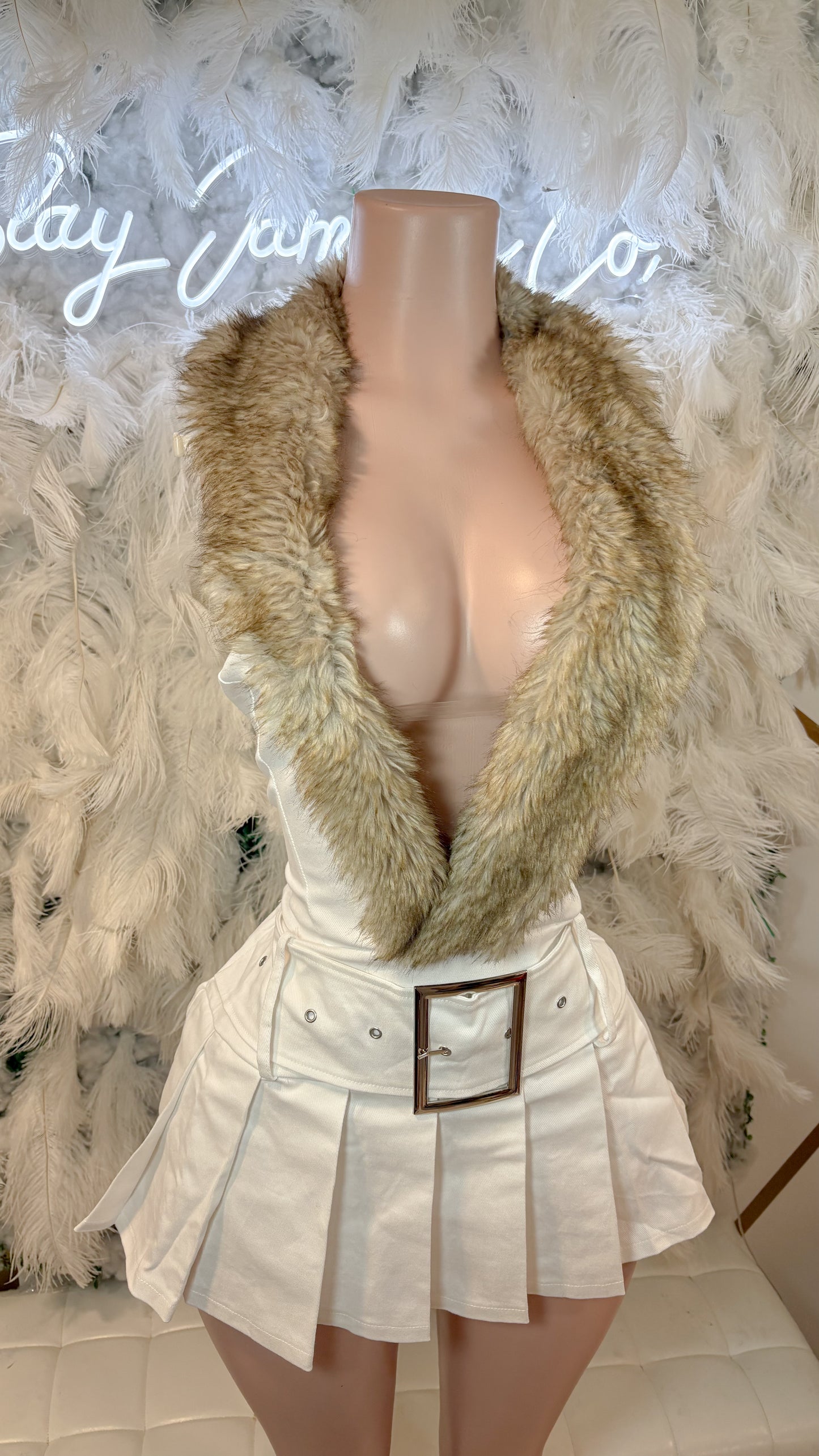 READY TO SHIP A Bad Bitch Never Gets Cold Fur Denim Dress - White