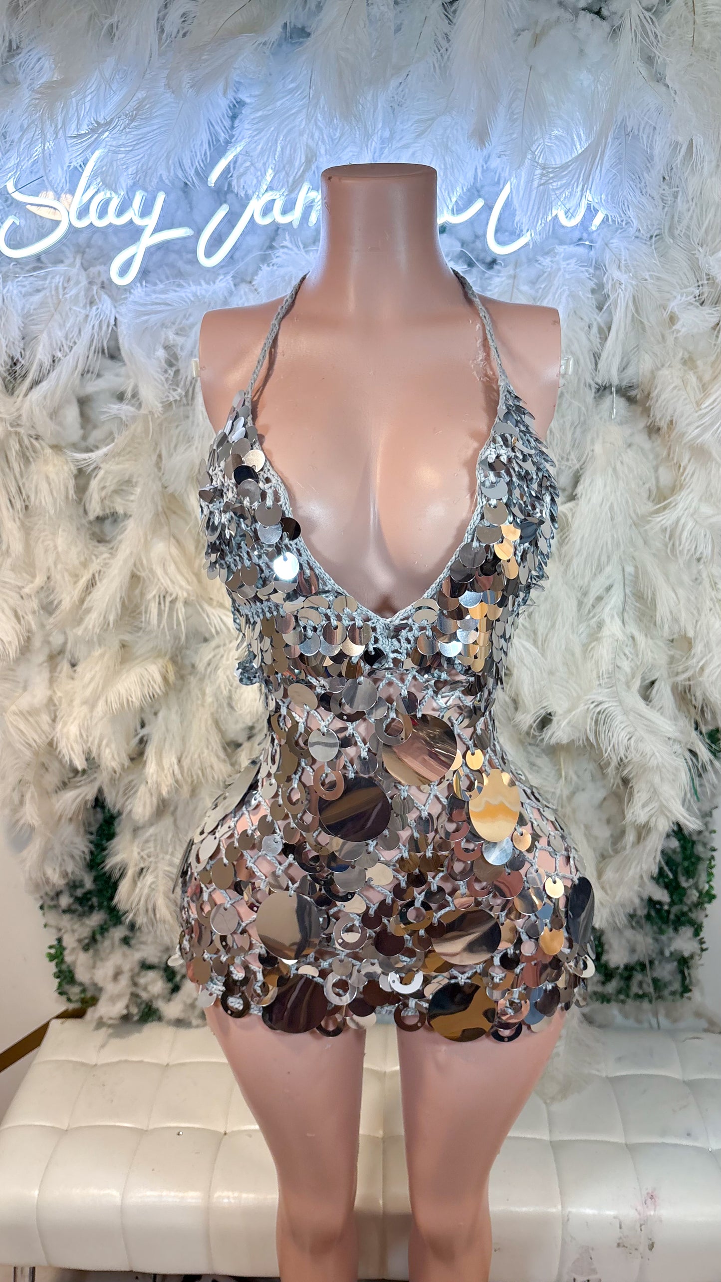 READY TO SHIP Her Silver Lining Knitted Assorted Sequin Mini Dress