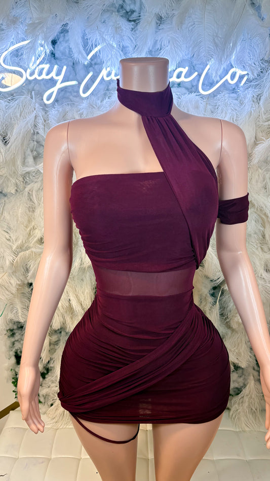 Miss Independent Ruched Mesh Mini Dress - Wine