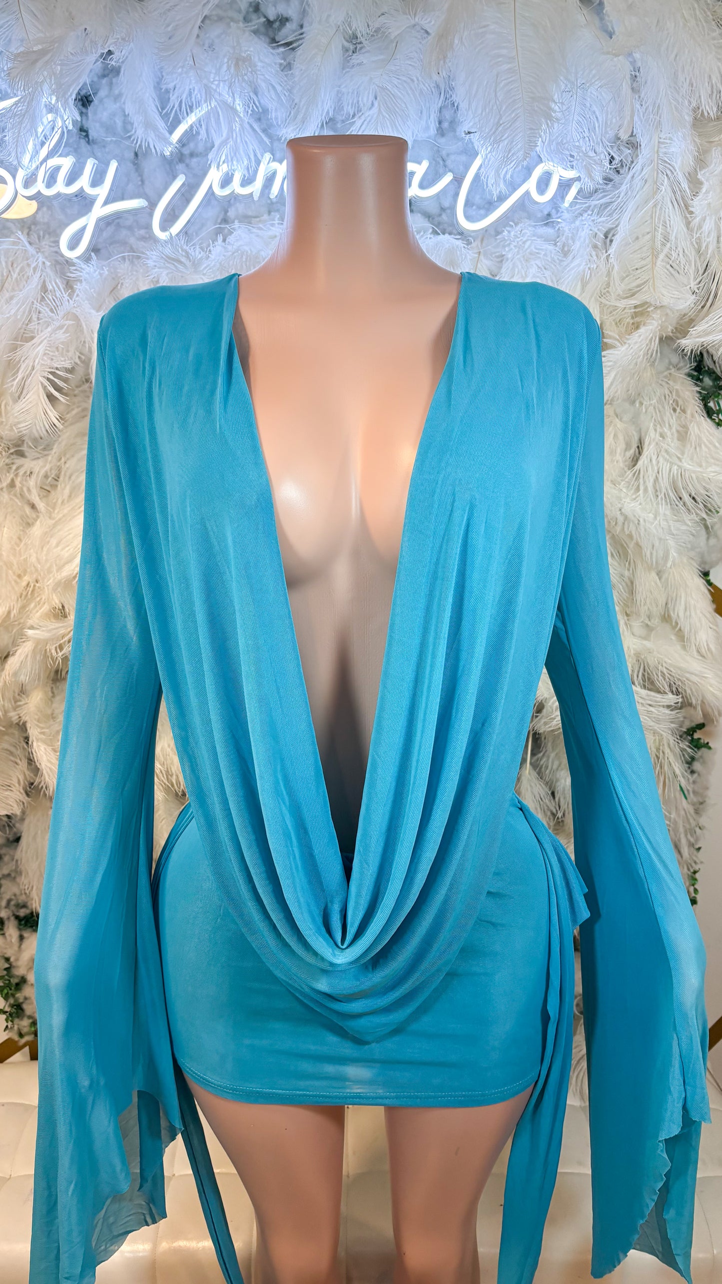 Her Main Attraction Draped Mesh Dress - Aqua Blue