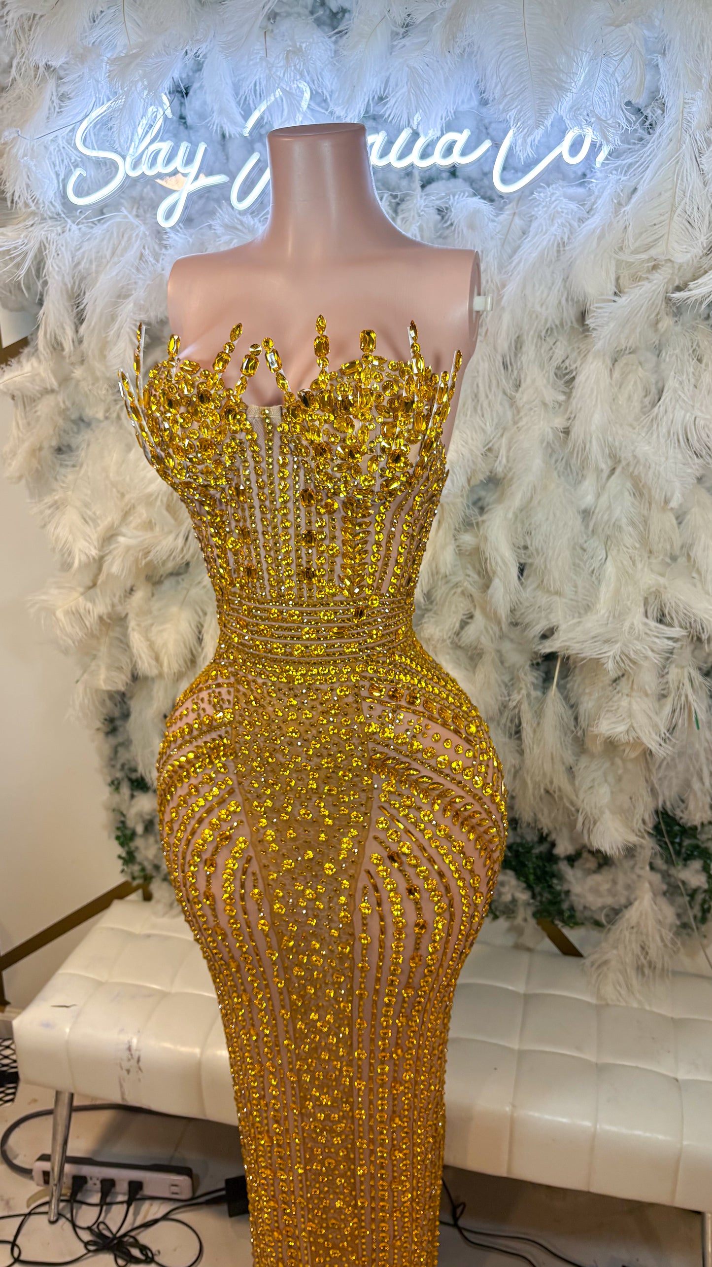 READY TO SHIP  Stunner Forever Rhinestone Maxi Dress -Gold