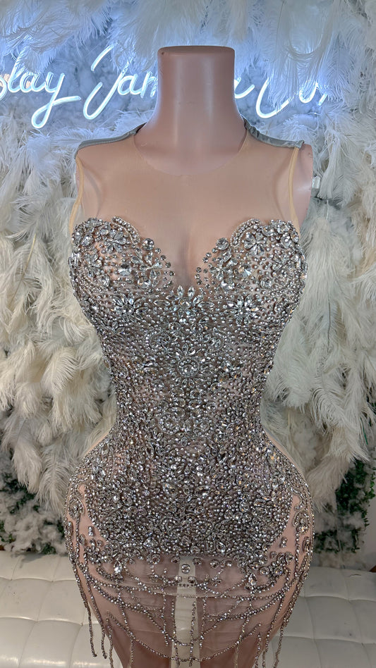 READY TO SHIP Her Main Aura Luxe Rhinestone Mini Dress