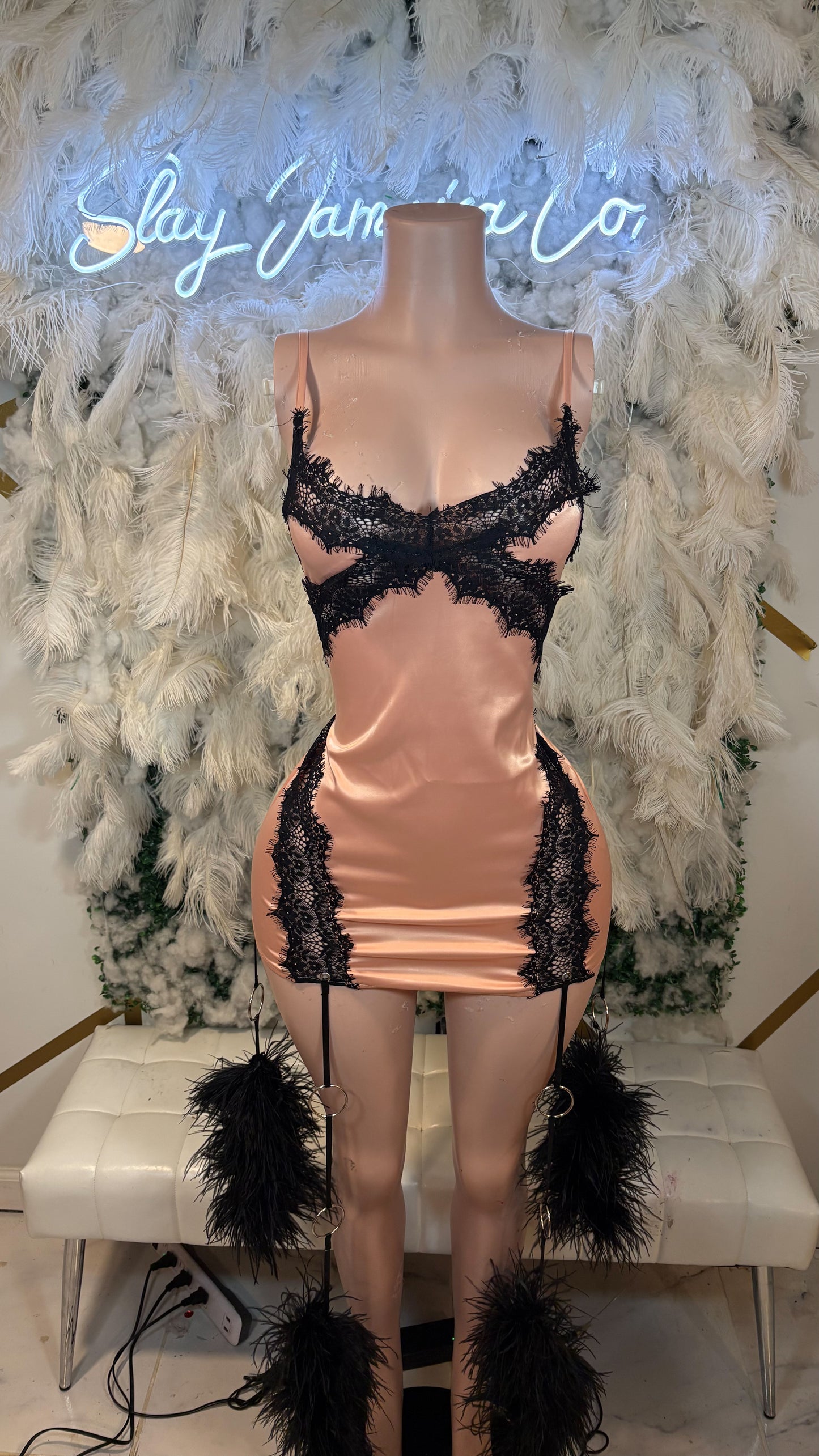 READY TO SHIP Etheral Visions Satin Lace Mini Dress W/ Ostritch Feather Puffs - Mauve/Black