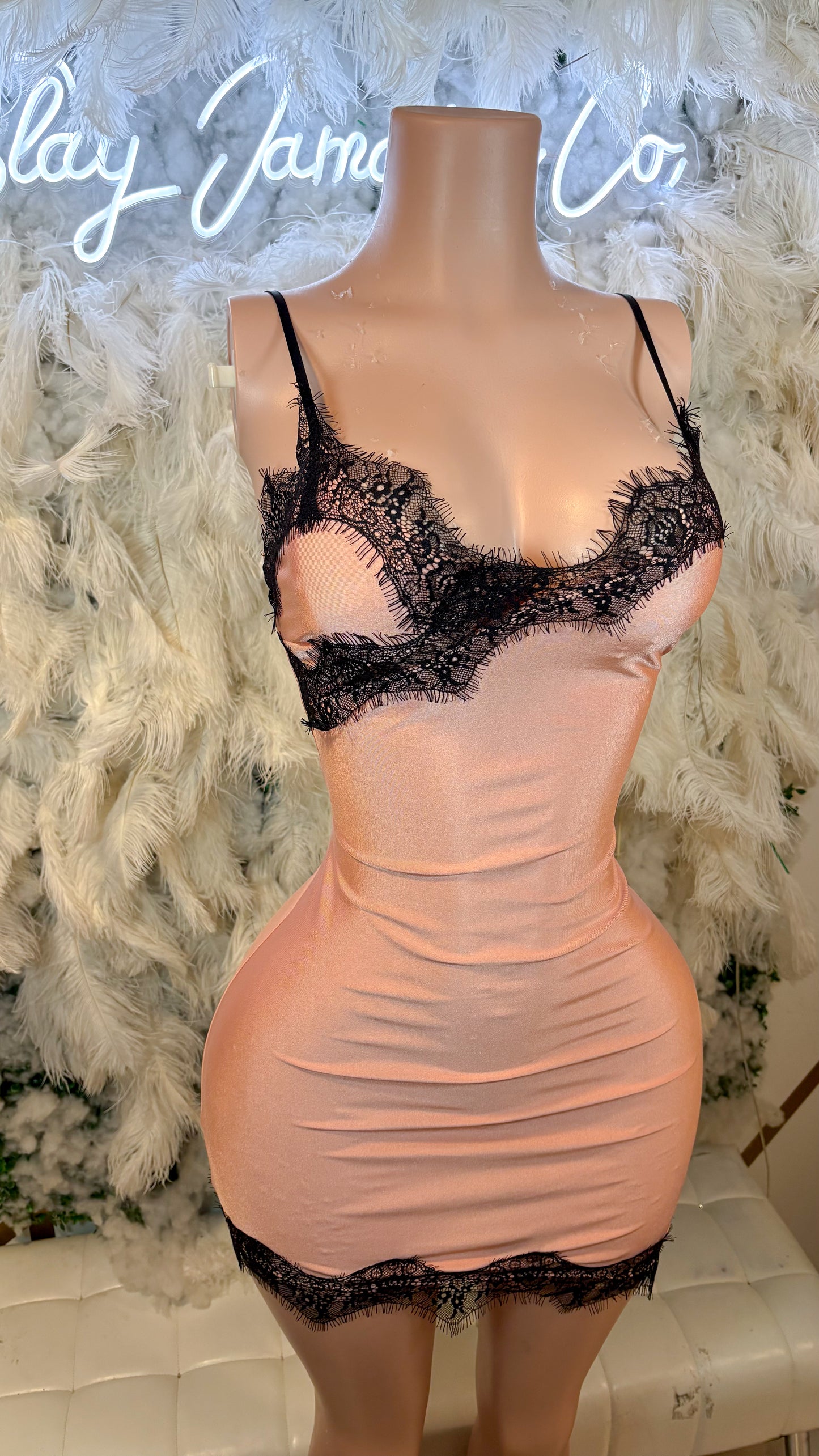 READY TO SHIP Date Night Mini Lace Dress -Peach