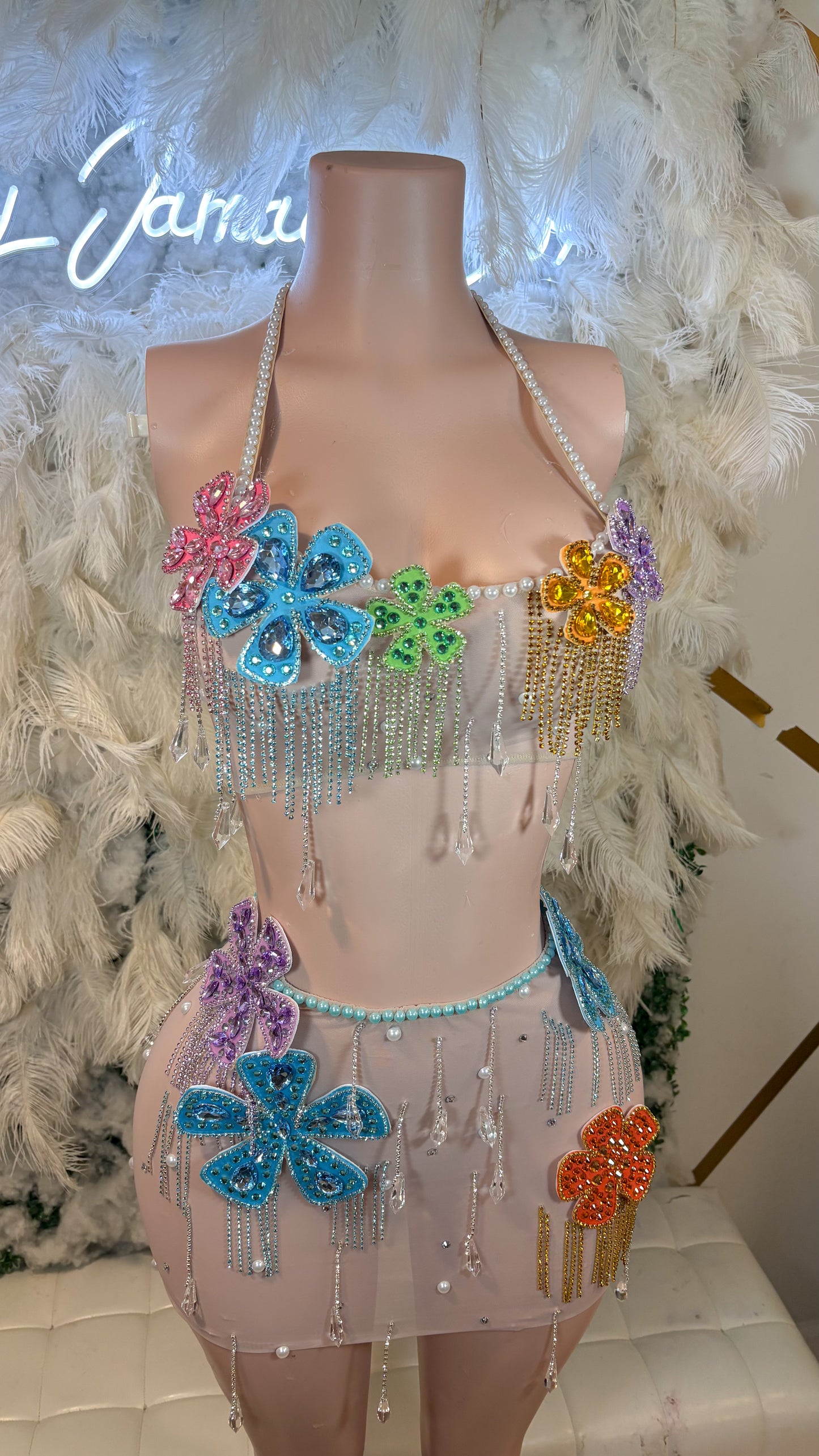Shimmery Lights Mesh Rhinestone Skirt Set