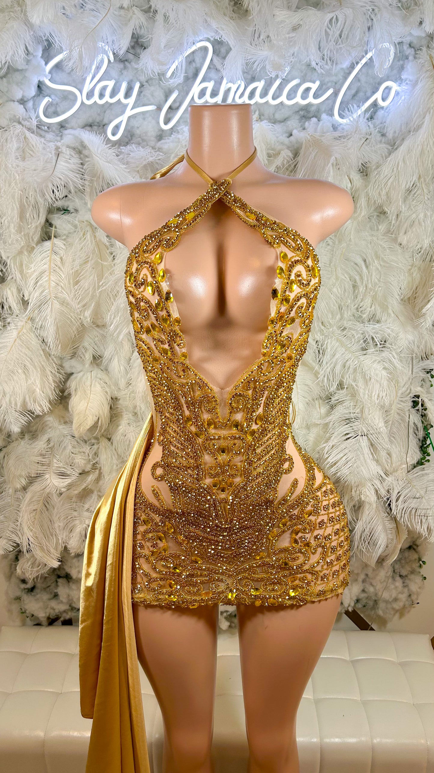 PREORDER ONLY The Golden Hour Rhinestone Mini Dress with Multi Tie Train