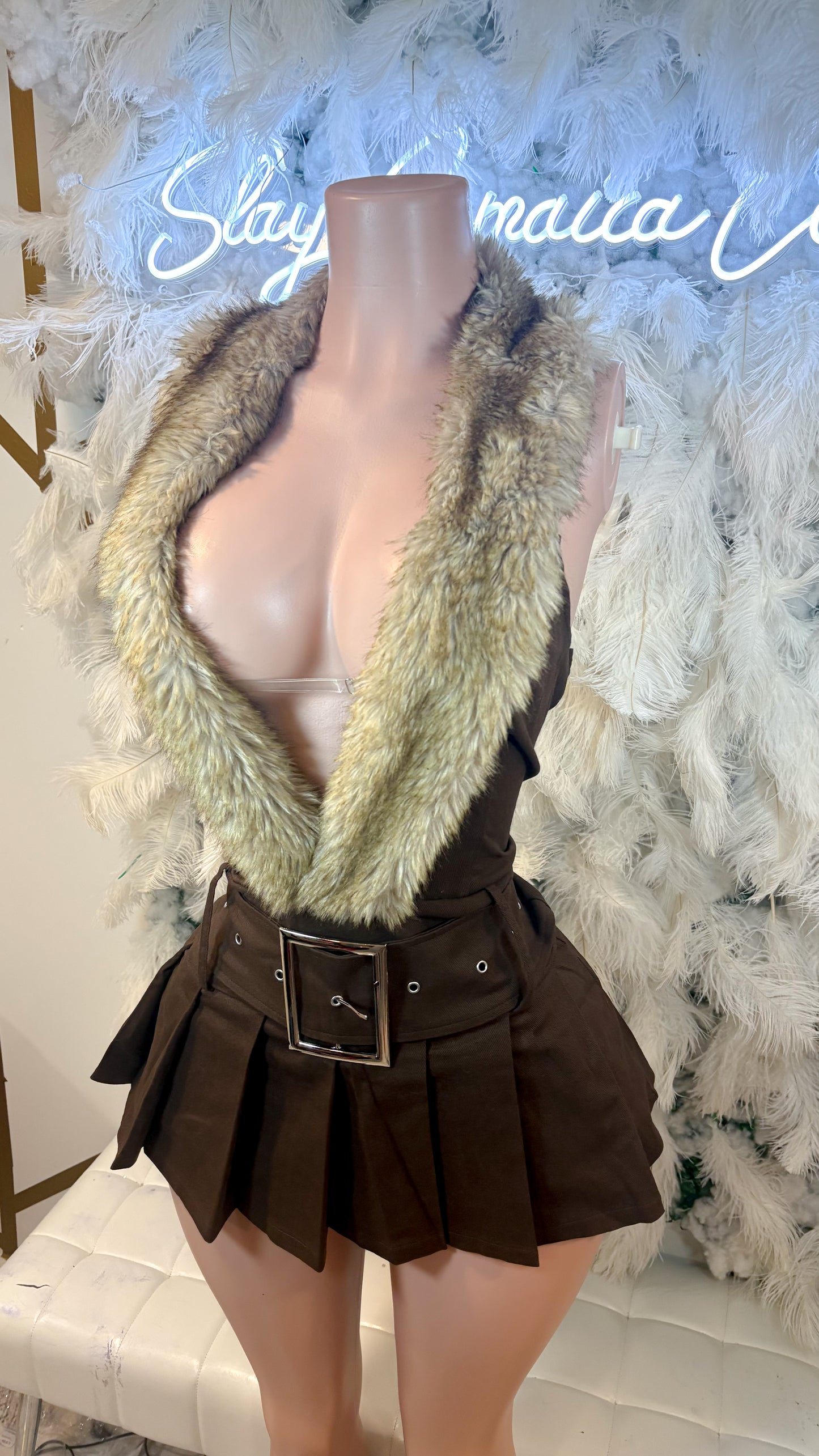 READY TO SHIP A Bad Bitch Never Gets Cold Fur Denim Dress - Dark Brown