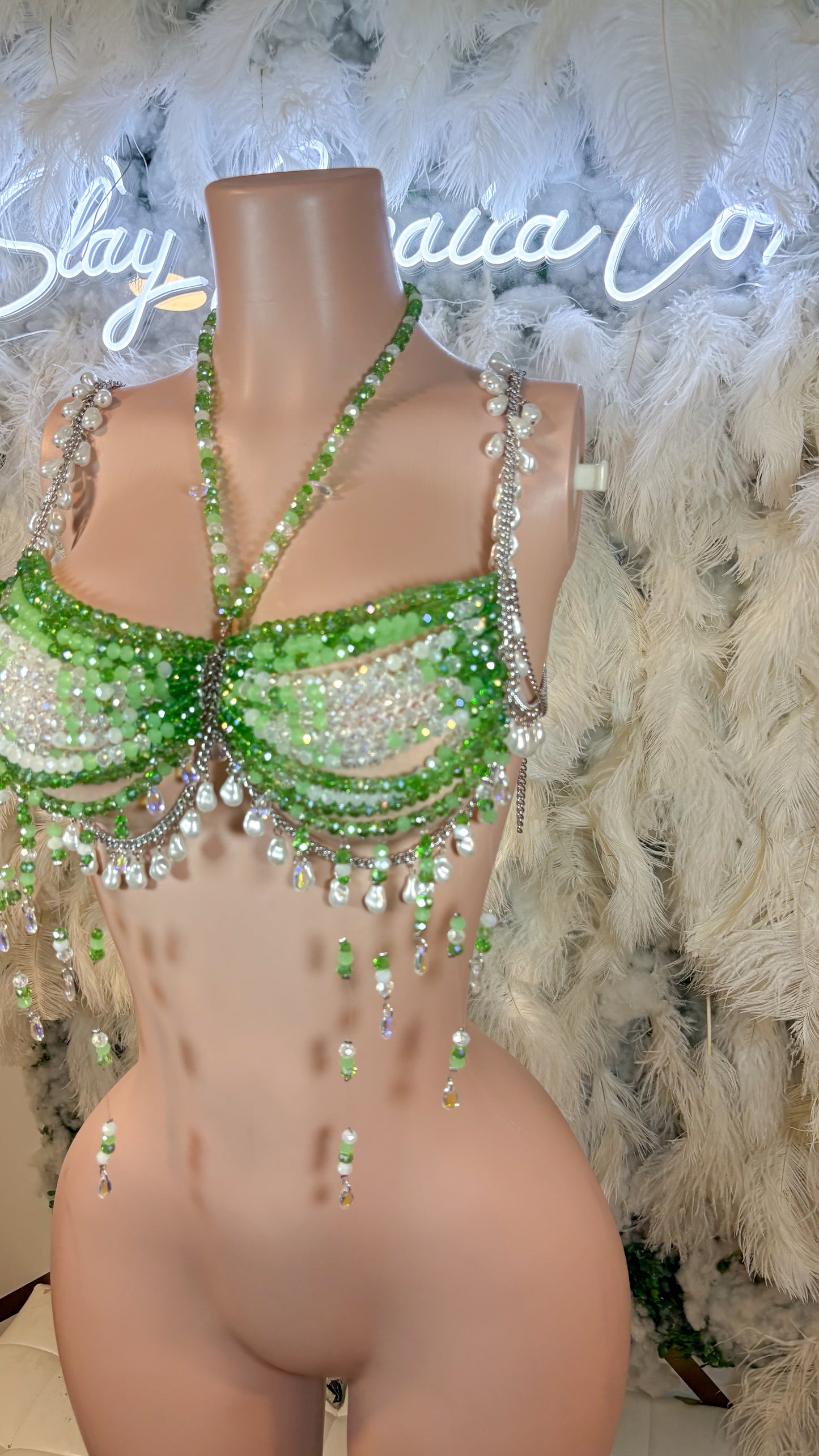 READY TO SHIP Tequila Sunrise Pearl Beaded Top - Green/white