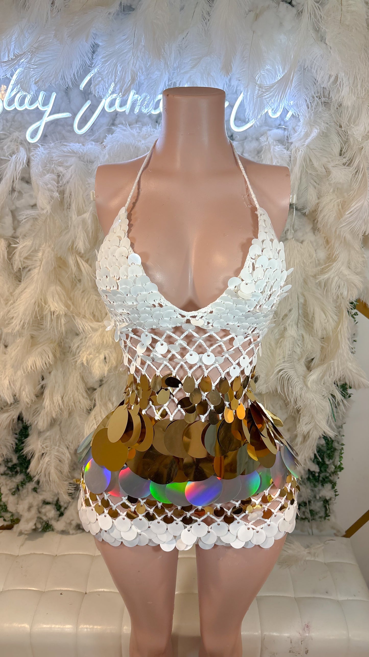 READY TO SHIP Bottles And Lights Knit Assorted Sequin Mini Dress - White Gold Mix