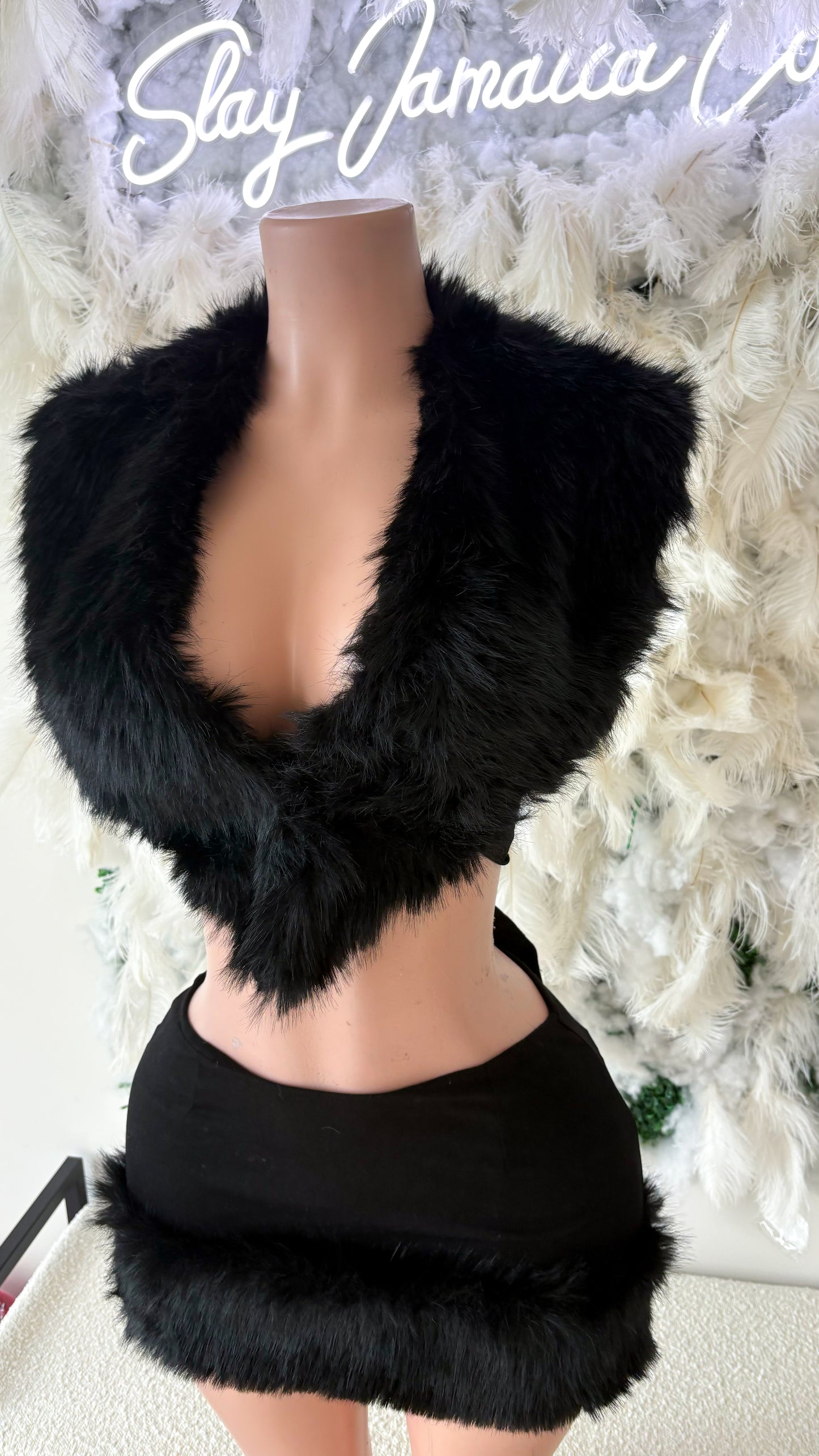 READY TO SHIP It’s  Giving Rich Vibes Fur Skirt Set -  Black