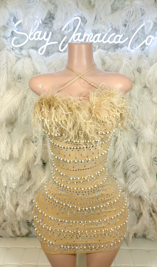 Material Girl Feather Pearl Mini Dress