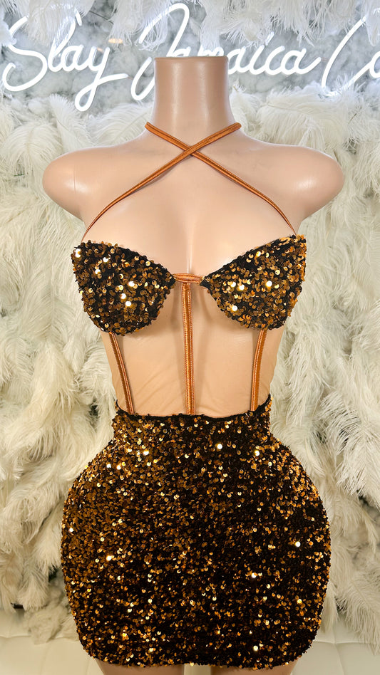 All That Glitters Sequin Mesh Panel Mini Dress - Brown