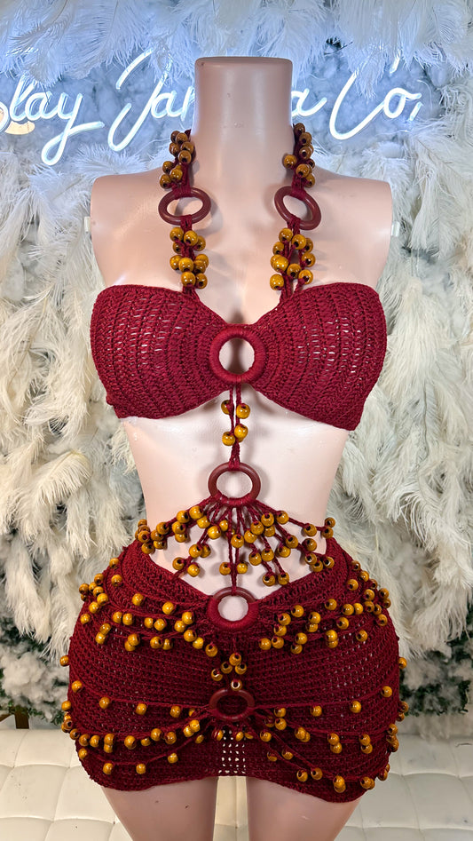 READY TO SHIP Bali Babe Beaded Knitted Mini Dress - Burgundy