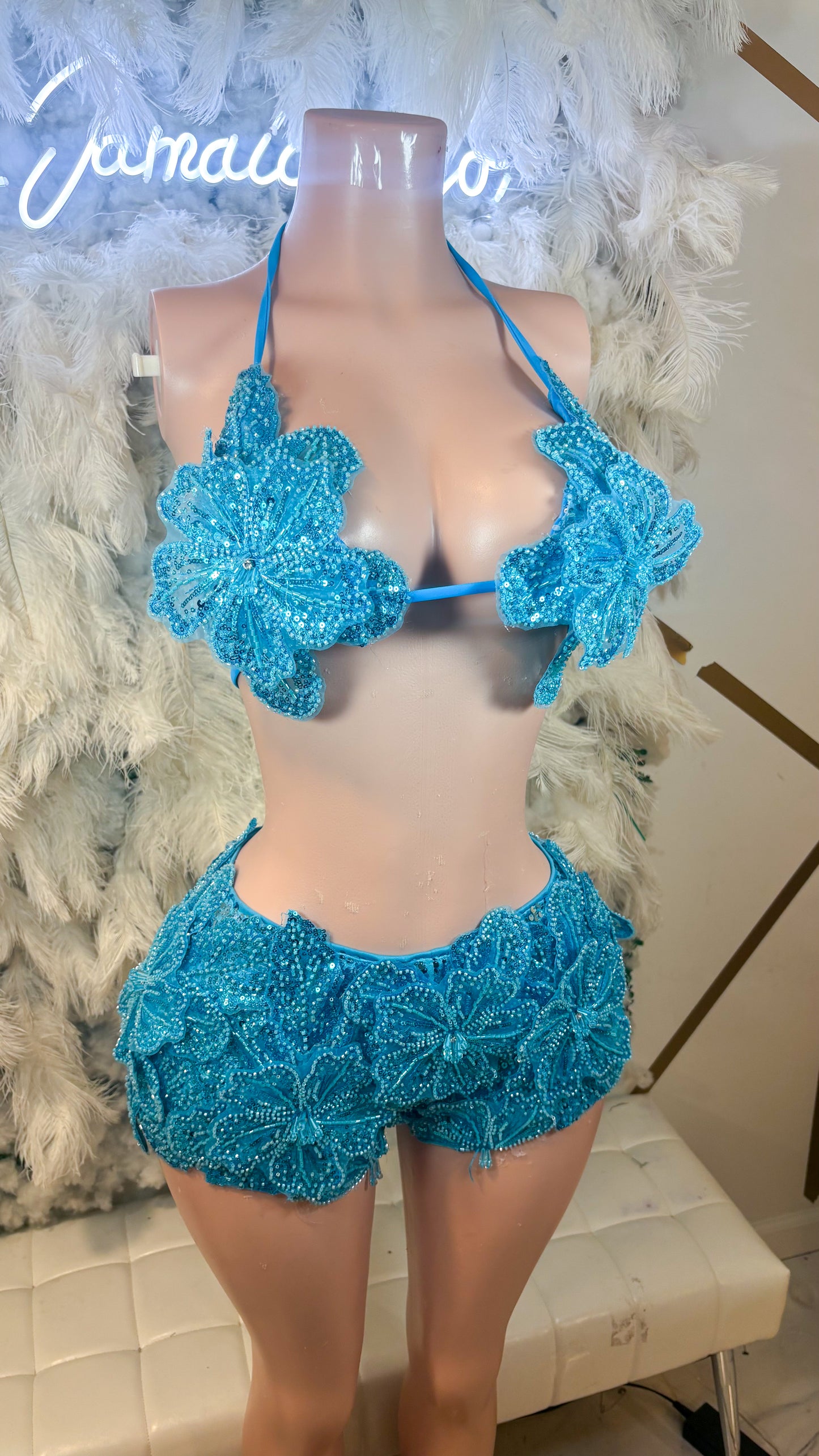 Seychelles Doll Floral Sequin Shorts Set - Aqua