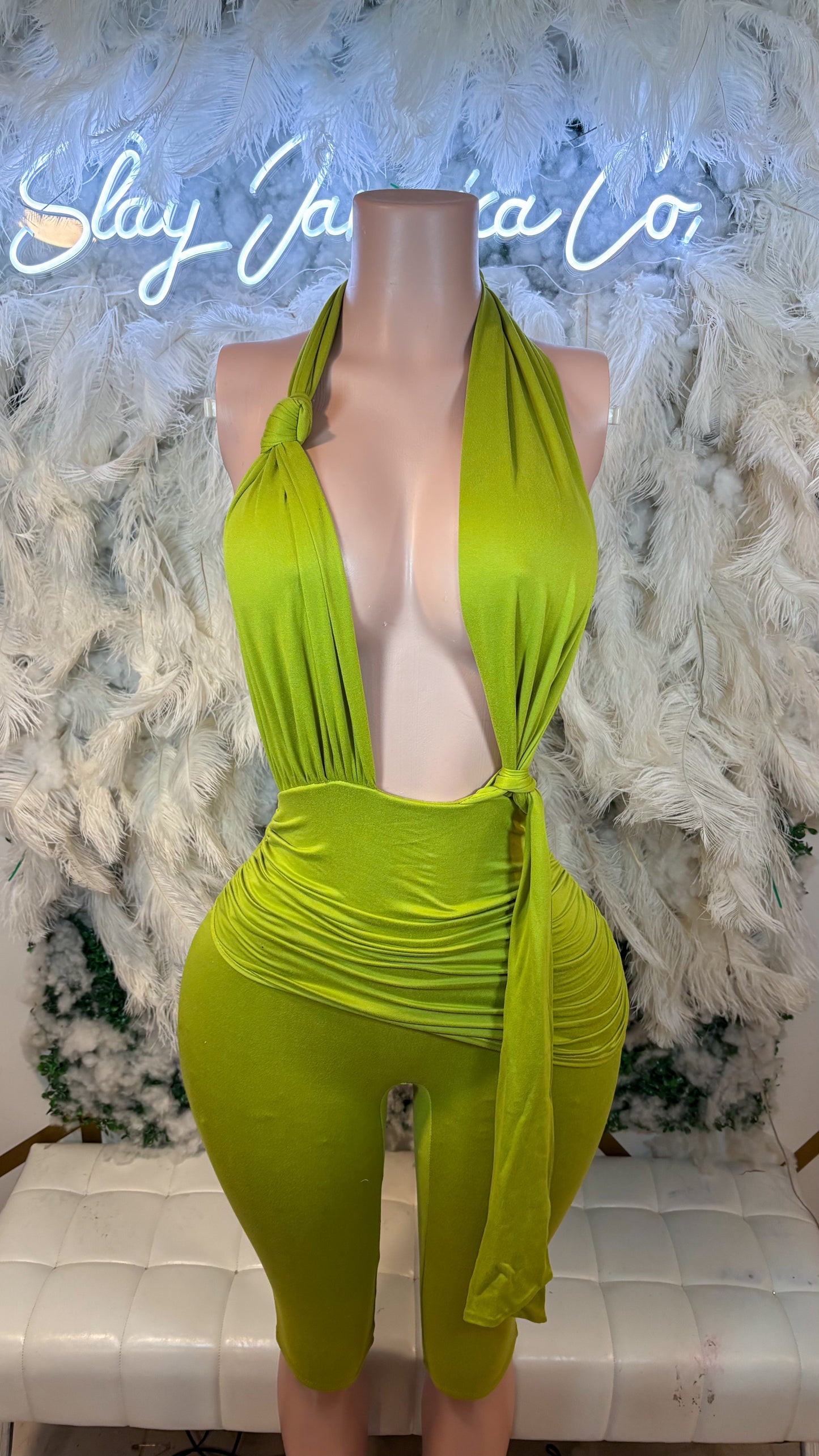 READY TO SHIP Be Mind This Vacay Twisted Knot Romper- Green