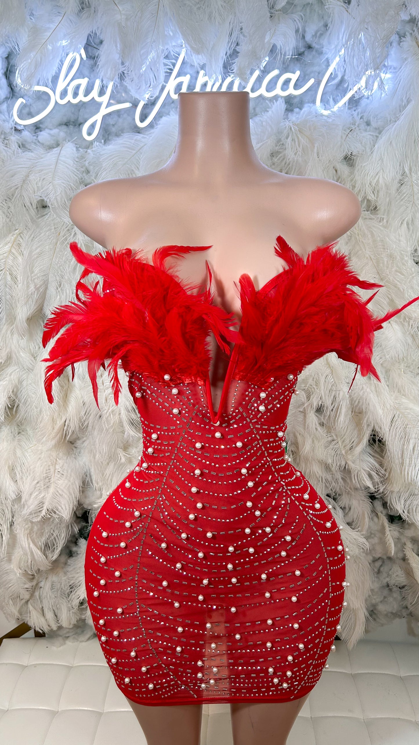 Baddest In The Room Pearl Mesh Mini Dress - Red