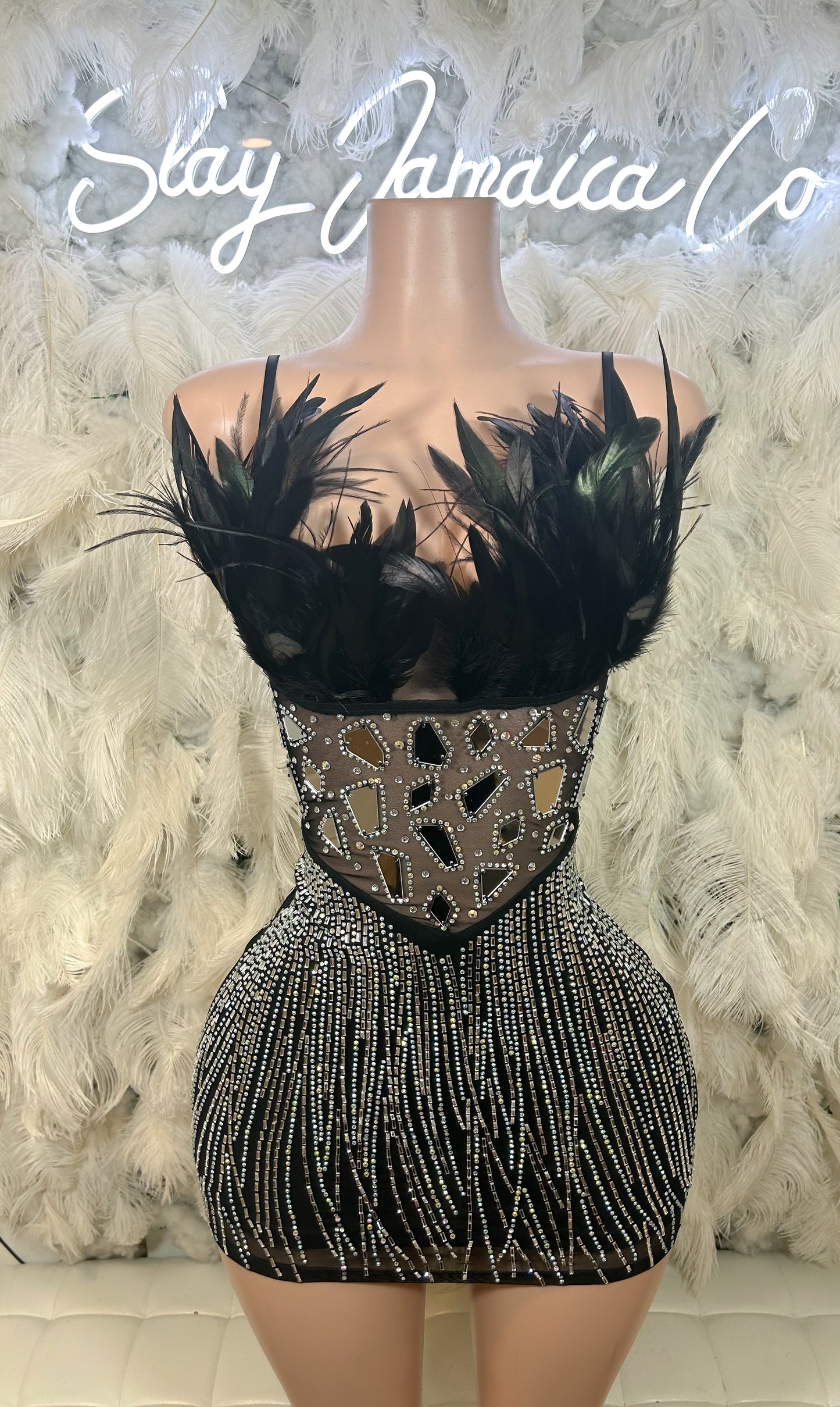 The Hottest Topic Feather Rhinestones Glass Mini Dress -Black