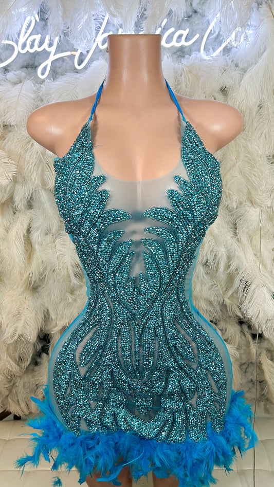 The Og Doll Rhinestone Feather Mini Dress - Blue