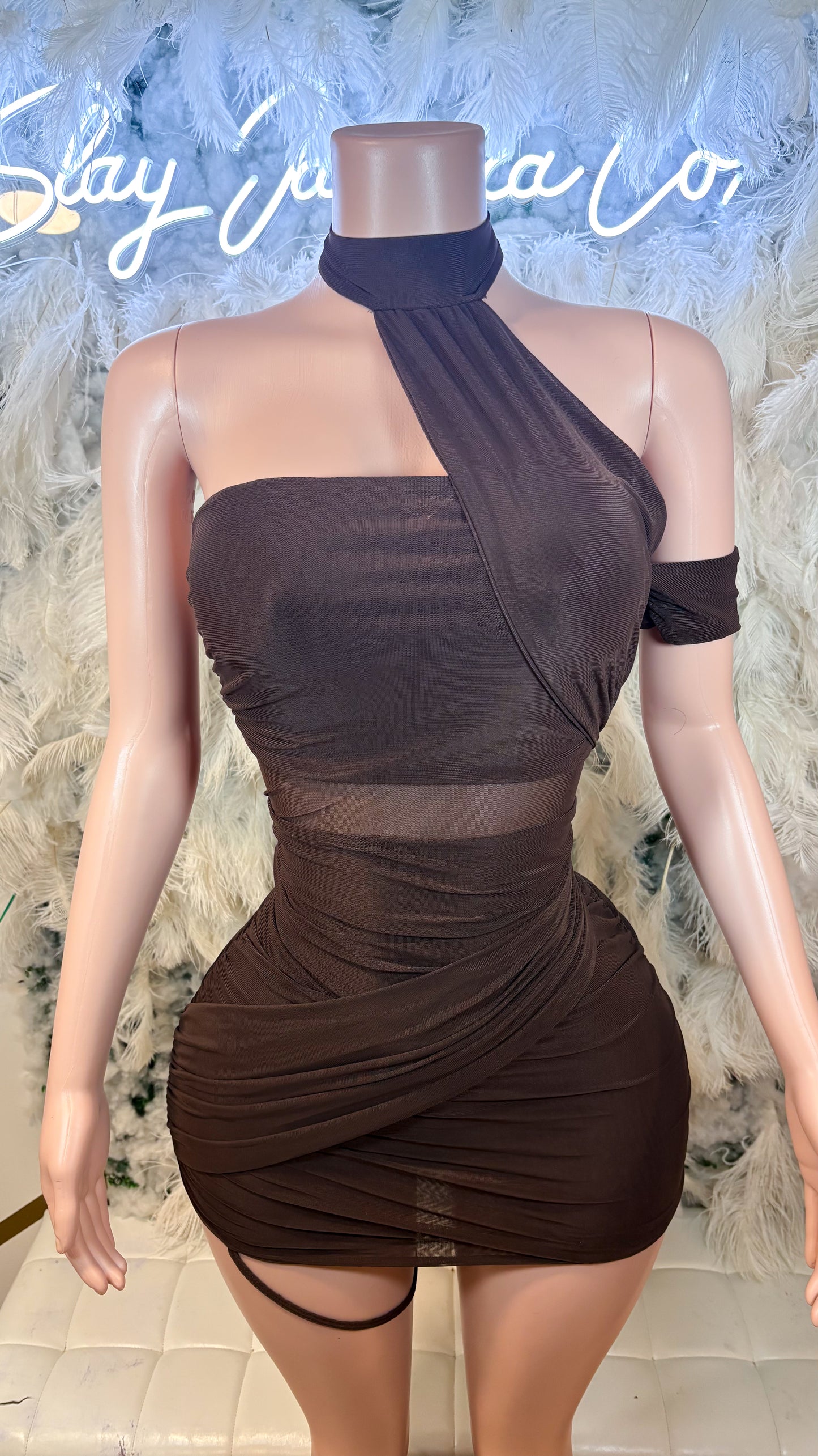 READY TO SHIP Miss Independent Ruched Mesh Mini Dress - Brown