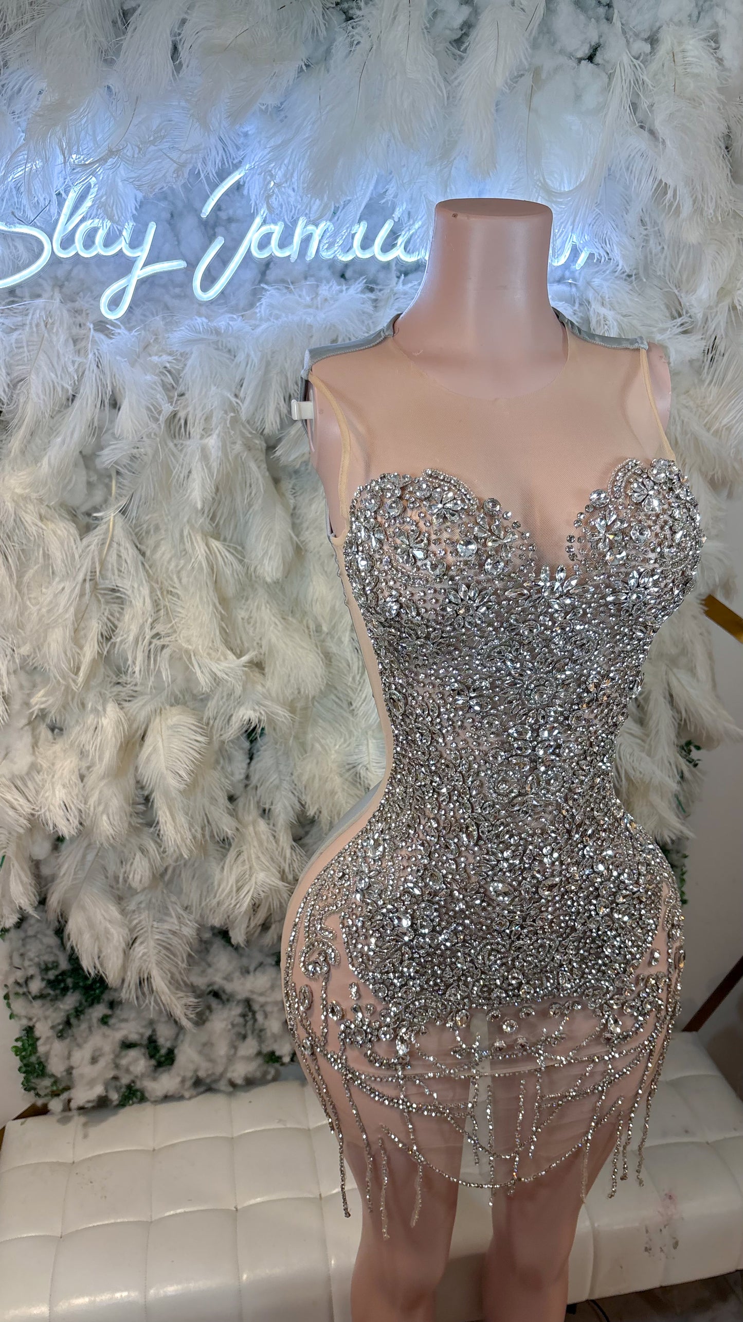 READY TO SHIP Her Main Aura Luxe Rhinestone Mini Dress