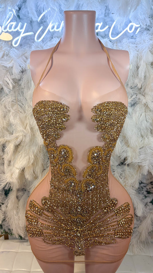 READY TO SHIP Golden Muse Luxe Rhinestone Mini Dress