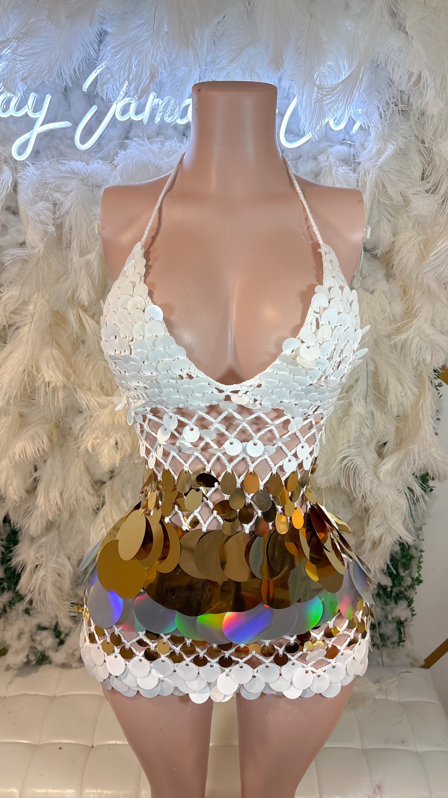 READY TO SHIP Bottles And Lights Knit Assorted Sequin Mini Dress - White Gold Mix