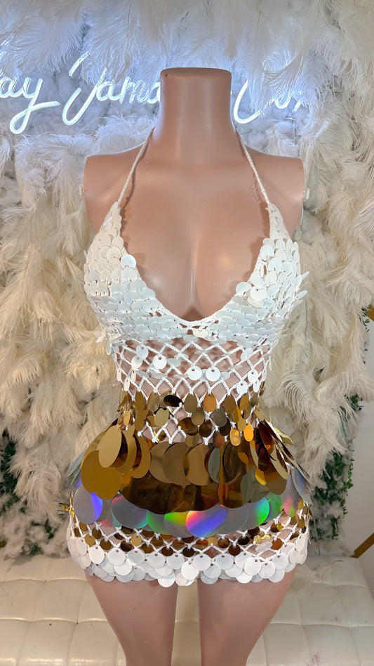 READY TO SHIP Bottles And Lights Knit Assorted Sequin Mini Dress - White Gold Mix