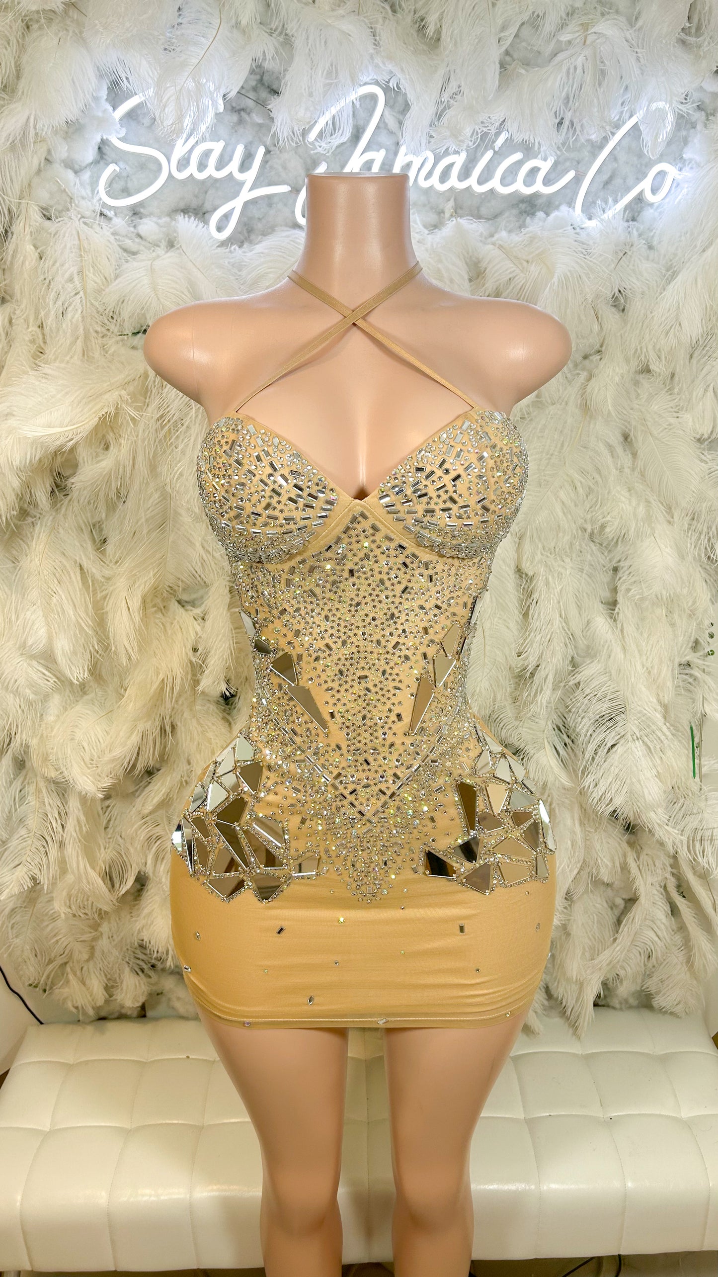 Broken Pieces Luxury Rhinestone Mini Dress - Nude