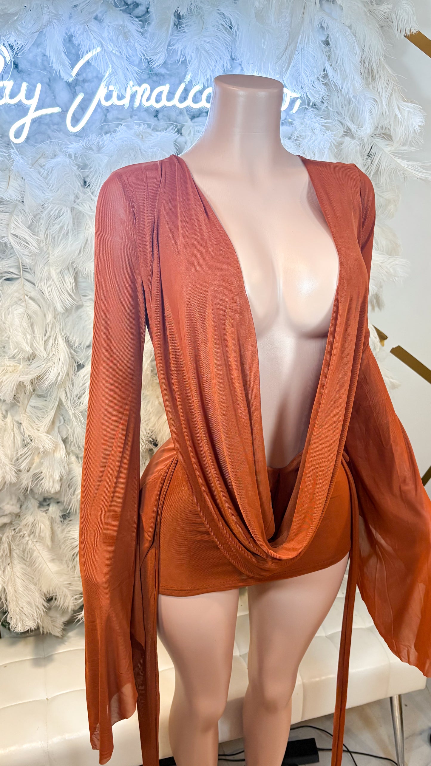 Her Main Attraction Draped Mesh Dress - Burnt Orange