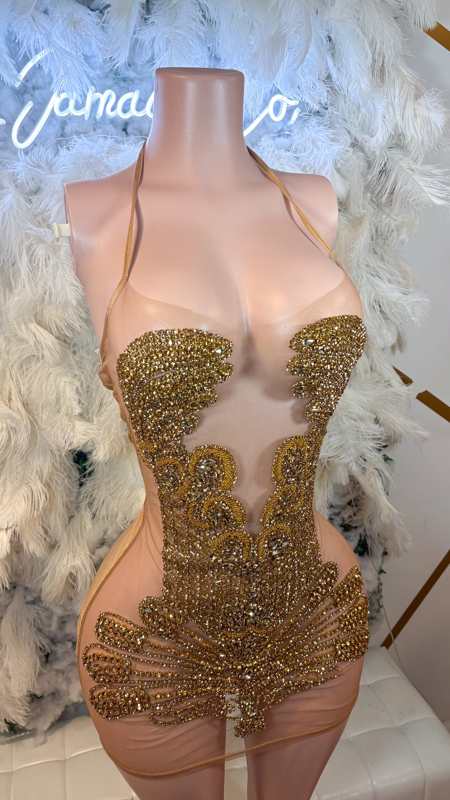 READY TO SHIP Golden Muse Luxe Rhinestone Mini Dress