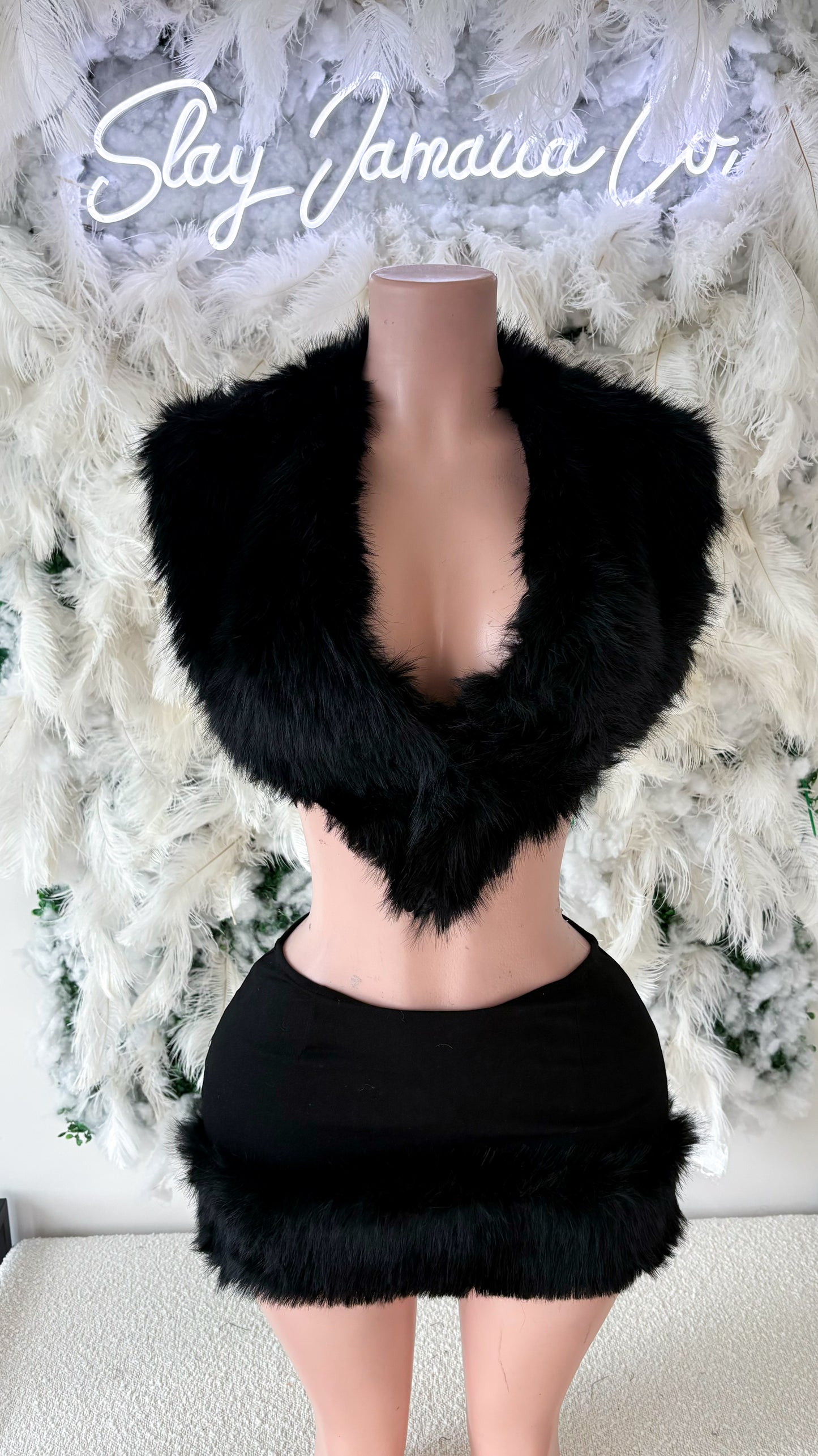 READY TO SHIP It’s  Giving Rich Vibes Fur Skirt Set -  Black