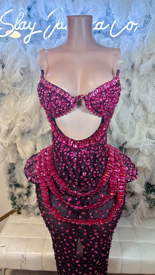 PREORDER ONLY Diamonds Are Forever Luxe Rhinestone Maxi Dress - Fuschia